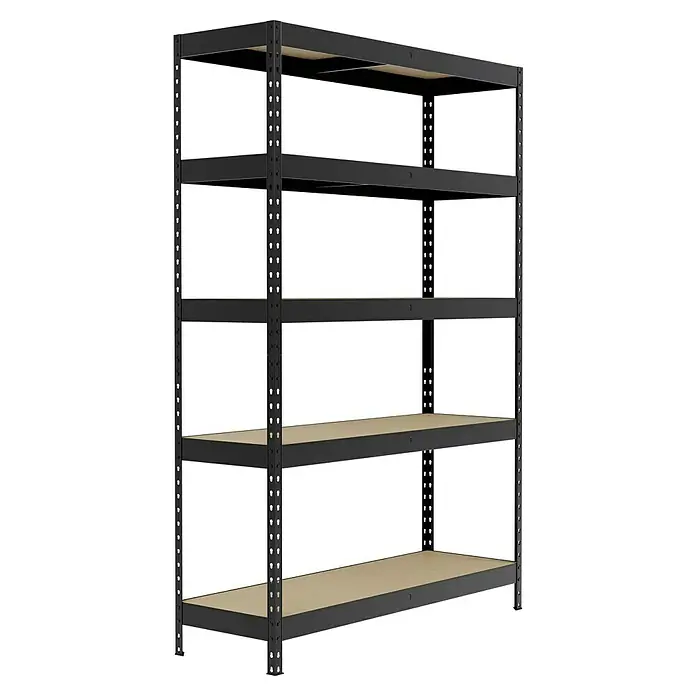 Regalux Schwerlastregal - H x B x T: 180 x 120 x 40 cm, Traglast pro Boden: 210 kg, Anzahl Böden: 5 Stk., Stecken, Schwarz - Ein stabiles Regal mit fünf Ebenen, ideal zur Lagerung von Gegenständen im Keller, der Garage oder im Lagerraum. Die Regalböden sind aus Holz.