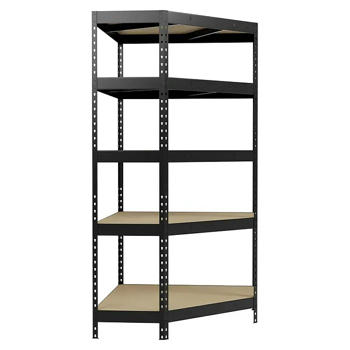 Regalux Eckregal - H x B x T: 180 x 90 x 40 cm, Traglast pro Boden: 210 kg, Anzahl Böden: 5 Stk., Stecken, Anthrazitgrau - Abbildung eines schwarzen Metallregals mit fünf Regalböden. Ideal für Garage oder Keller, bietet viel Stauraum.