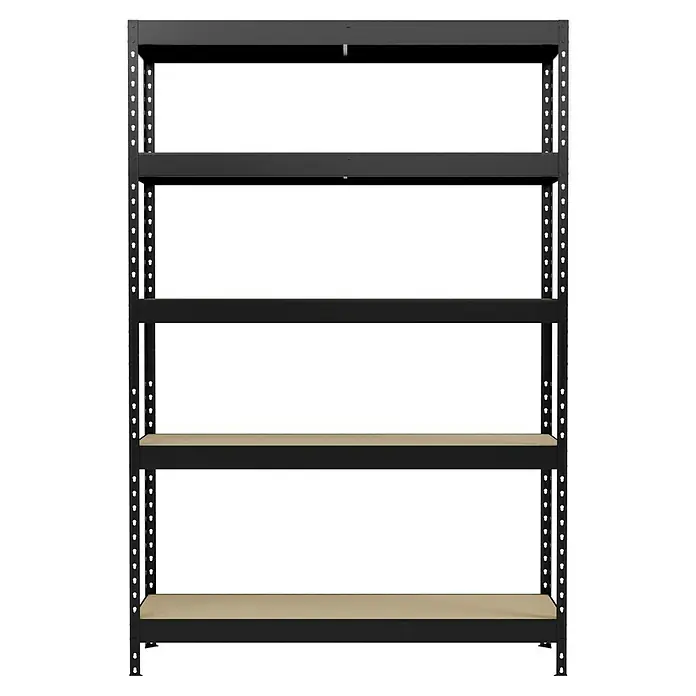 Regalux Schwerlastregal - H x B x T: 180 x 120 x 40 cm, Traglast pro Boden: 210 kg, Anzahl Böden: 5 Stk., Stecken, Schwarz - Das Bild zeigt ein schwarzes Schwerlastregal mit vier Regalböden. Das Regal ist stabil und eignet sich zur Lagerung von schweren Gegenständen.