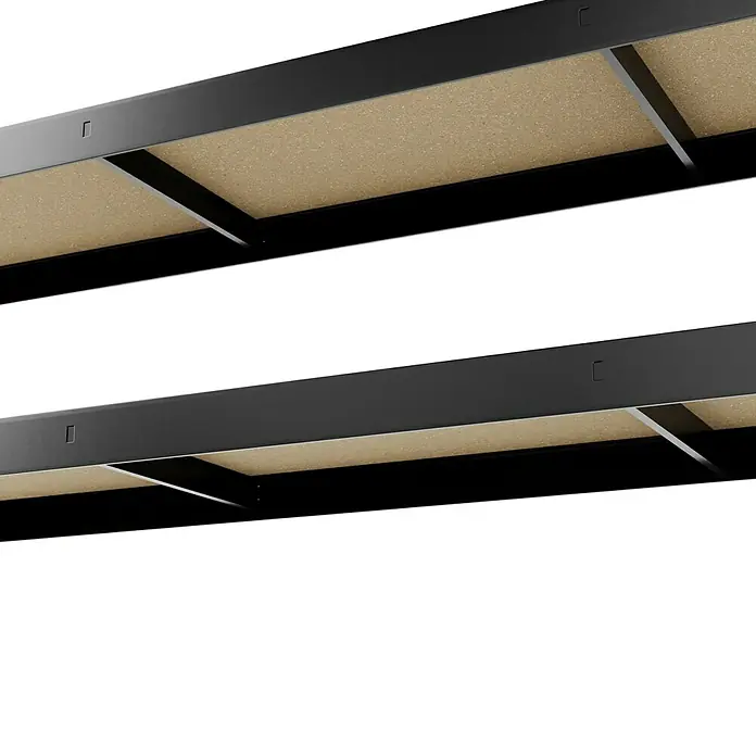 Regalux Schwerlastregal - H x B x T: 180 x 180 x 40 cm, Traglast pro Boden: 265 kg, Anzahl Böden: 5 Stk., Stecken, Anthrazitgrau - Detailansicht eines Regalsystems mit schwarzen Metallrahmen und hellen Holzregalböden. Die Konstruktion wirkt stabil und minimalistisch.
