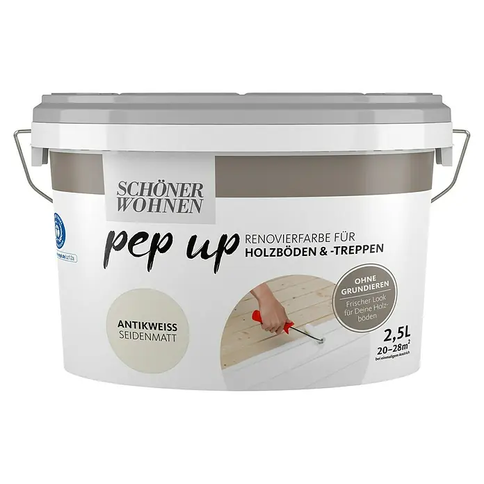 SCHÖNER WOHNEN-Farbe Pep up Weißlack für Holzböden & -Treppen - Antikweiß, Seidenmatt, 1 l, Wasserbasiert - Farbdose "Schöner Wohnen pep up" für Holzböden & Treppen, Farbe Antikweiß seidenmatt, Inhalt 2,5L, geeignet für 20-28m² Fläche.