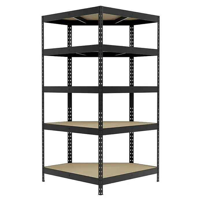 Regalux Eckregal - H x B x T: 180 x 90 x 40 cm, Traglast pro Boden: 210 kg, Anzahl Böden: 5 Stk., Stecken, Anthrazitgrau - Dieses Bild zeigt ein Eckregal mit fünf Böden, die durch schwarze Metallrahmen verbunden sind. Das Regal bietet viel Stauraum und ist ideal für Ecken.