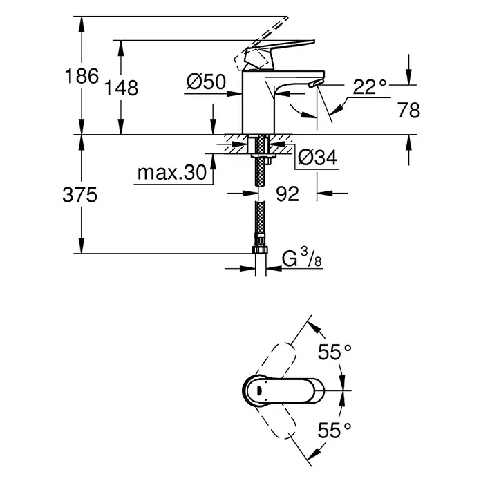 Grohe Eurosmart Cosmopolitan Waschtischarmatur S-Size - Ohne Zugstange, Chrom, Glänzend - Technische Zeichnung einer Armatur mit Maßangaben für Installation und Design, inklusive Griffwinkel und Anschlussdetails.
