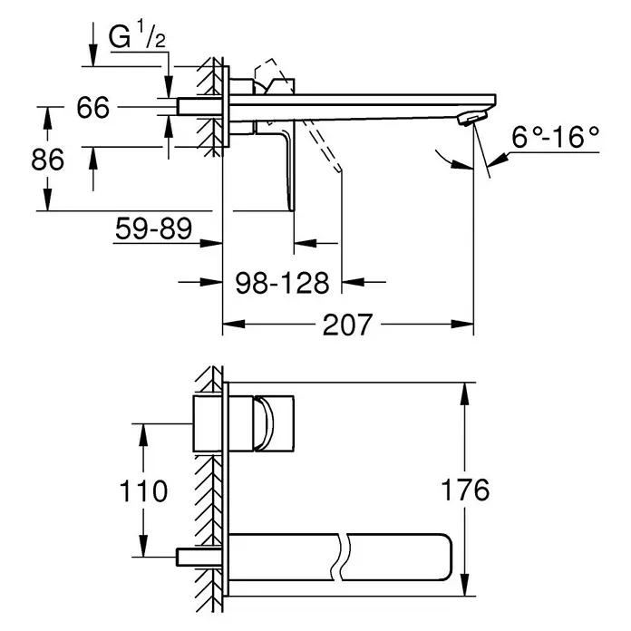 Grohe Lineare Waschtischarmatur - Wandmontage, Chrom, Glänzend, Ausladung Armatur: 207 mm - Abmessungen einer Armatur für Waschbecken mit detaillierten technischen Zeichnungen.