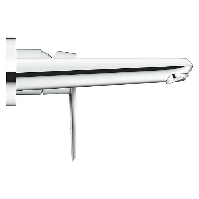 Grohe Eurodisc Cosmopolitan Waschtischarmatur - Wandmontage, Chrom, Glänzend, Ausladung Armatur: 170 mm - Nahaufnahme einer glänzenden, silbernen Armatur mit einem schlanken, minimalistischen Design auf schwarzem Hintergrund.