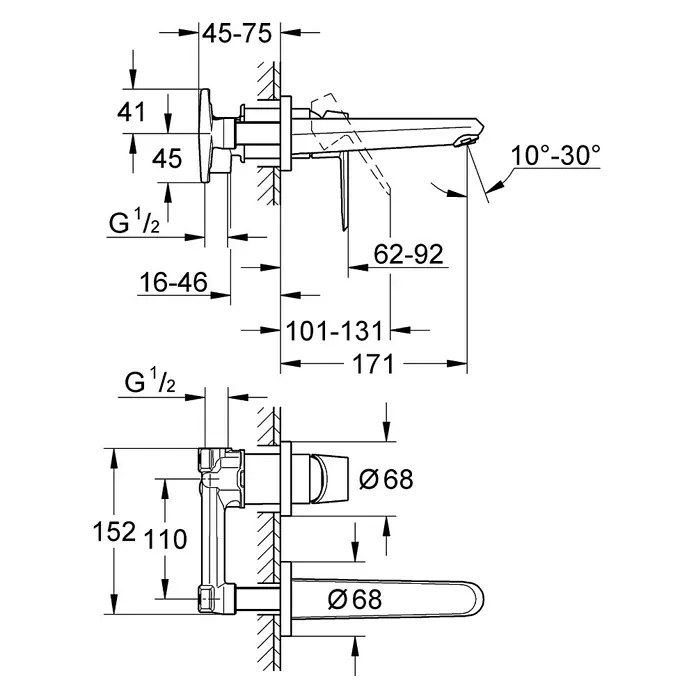 Grohe Eurodisc Cosmopolitan Waschtischarmatur - Wandmontage, Chrom, Glänzend, Ausladung Armatur: 170 mm - Technische Zeichnung eines Wandarmatur-Sets mit Maßangaben, inklusive Durchmesser und Abständen für die Installation.