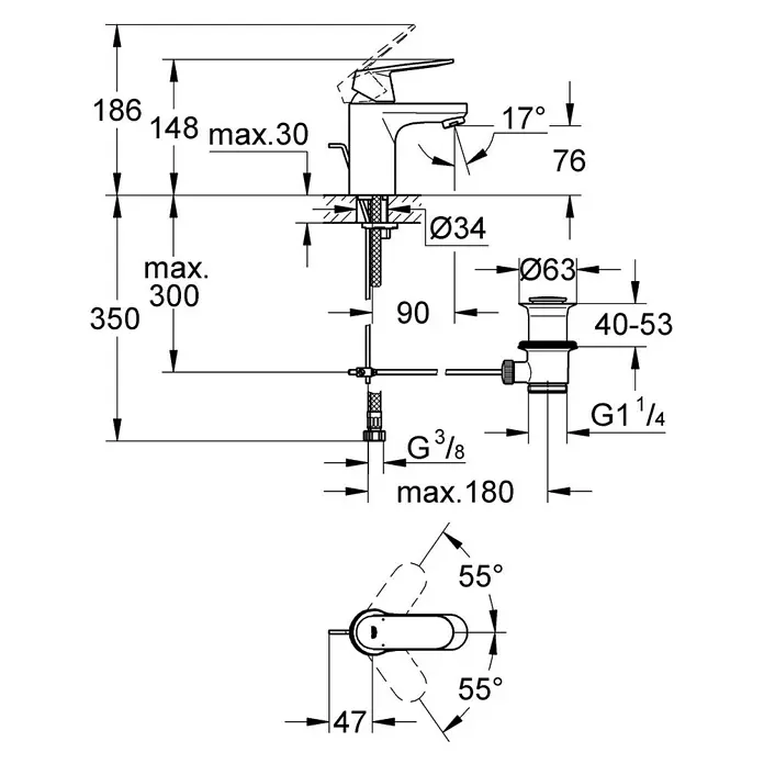 Grohe Eurosmart Cosmopolitan Waschtischarmatur S-Size mit Durchflussbegrenzer - Mit Zugstange, Chrom, Glänzend - Produktbild: Technische Zeichnung einer modernen Armatur mit Bemaßungen für Installation und Design.