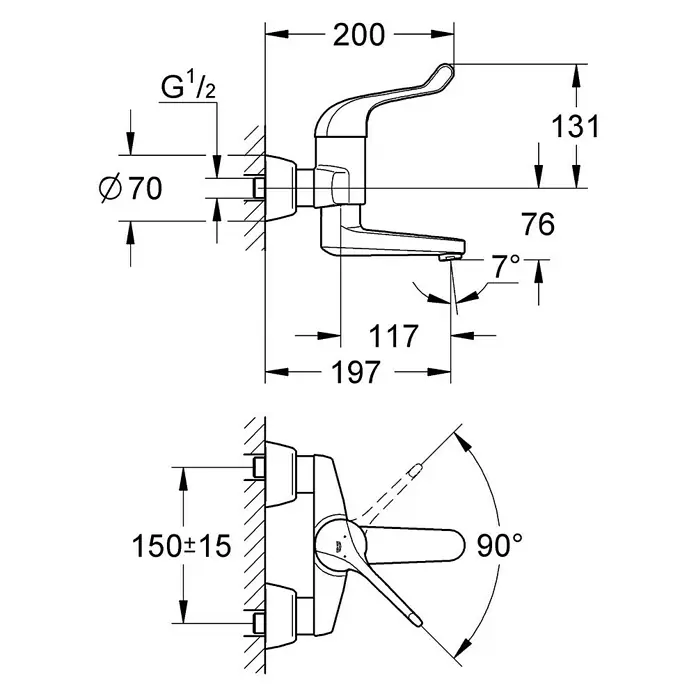 Grohe Euroeco Special Waschtischarmatur - Wandmontage, Chrom, Glänzend, Ausladung Armatur: 197 mm - Technische Zeichnung einer Armatur mit Maßen, inklusive Höhe, Durchmesser und Winkel für Installationszwecke.