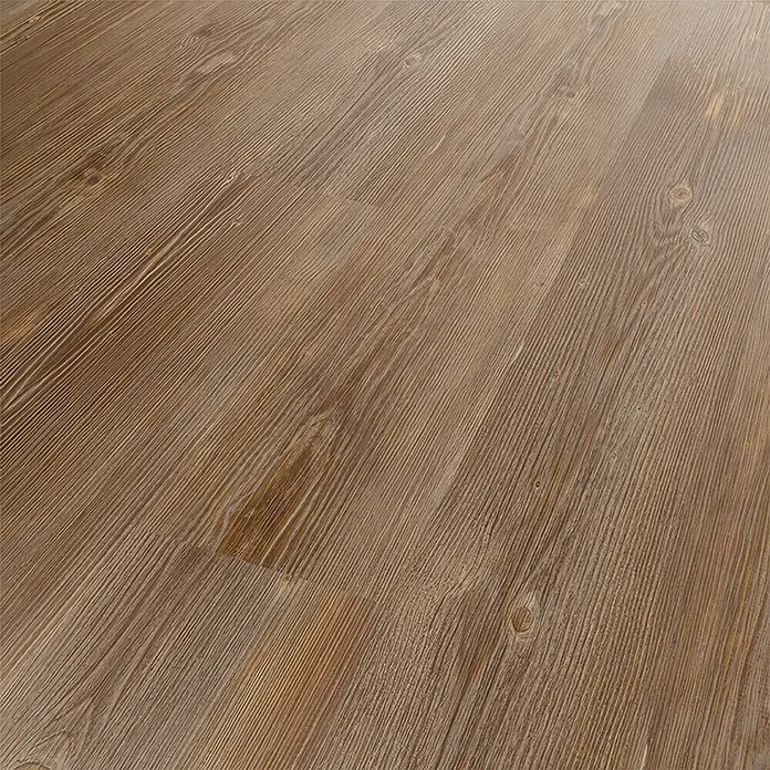 b!design Vinylboden SPC - Hickory, Landhausdiele, 1.220 x 181 x 3,8 mm - Nahaufnahme von strukturiertem, braunem Holzboden. Das rustikale Erscheinungsbild wird durch die Maserung und Farbgebung des Holzes verstärkt.