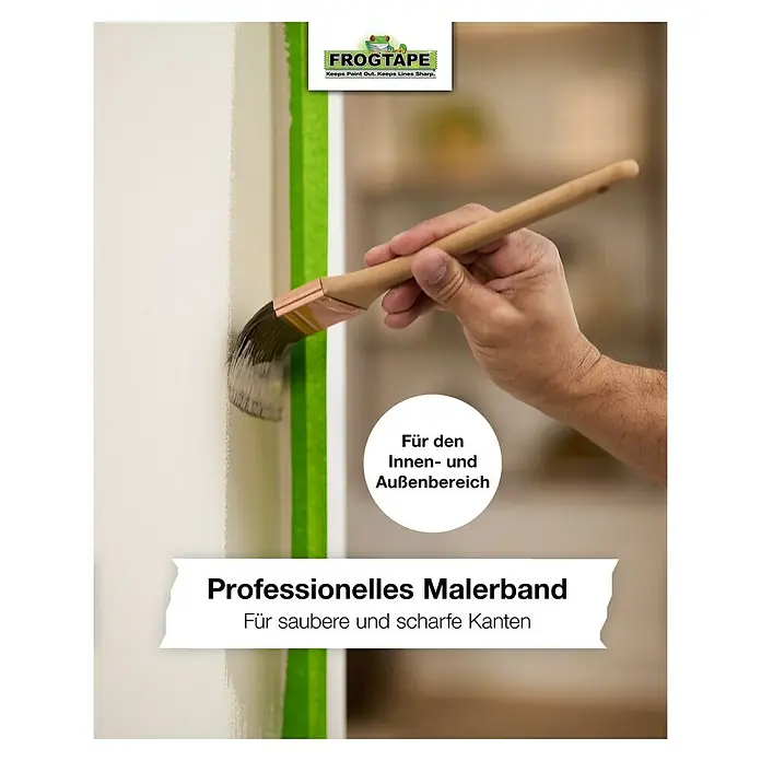 Frogtape Kreativklebeband Multi-Surface - 41,1 m x 36 mm, Grün, 1 -tlg. - Ein Pinsel trägt Farbe entlang einer Wand auf, die mit FrogTape für saubere Linien versehen ist. Ideal für den Innen- und Außenbereich.