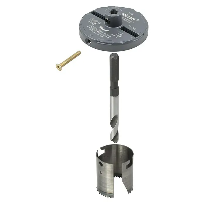 Wolfcraft Mehrkranzlochsäge - 7 -tlg., Schnitttiefe: 33 mm - Das Bild zeigt einen Wolfcraft Lochsägen-Satz, bestehend aus einer Zentrierbohrer-Einheit, einem Schraubbolzen und einer Lochsäge für präzise Ausschnitte.