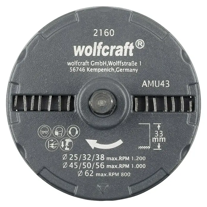 Wolfcraft Mehrkranzlochsäge - 7 -tlg., Schnitttiefe: 33 mm - Aufnahme des Wolfcraft AMU43 Werkzeugs, einer runden Scheibe mit Schlitzen, technischen Daten und Sicherheitsinformationen.