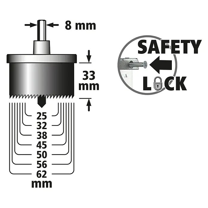 Wolfcraft Mehrkranzlochsäge - 7 -tlg., Schnitttiefe: 33 mm - Abbildung eines Bohrers mit den Maßen 8 mm Durchmesser, 33 mm Tiefe und Schnitttiefen von 25 mm bis 62 mm, sowie Sicherheitsverriegelung.