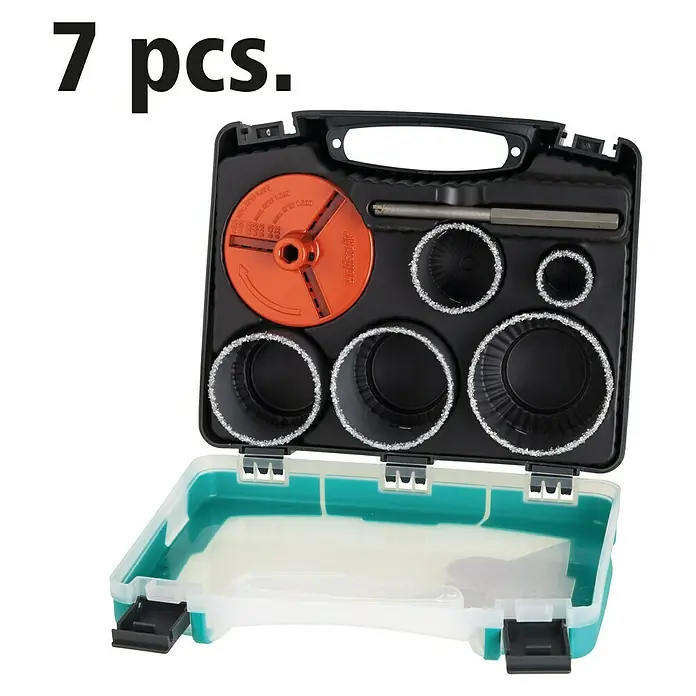 Wolfcraft Bohrkrone - Durchmesser Bohrer: 83 mm - Das Bild zeigt einen 7-teiligen Fliesenlochschneider-Satz von Wolfcraft in einem Kunststoffkoffer mit Tragegriff. Das Set ist ideal für Fliesenarbeiten.