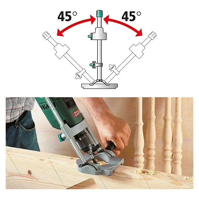 Wolfcraft Bohrständer Tec-Mobil - Schwenkbar bis ± 45° - Bild einer Bohrmaschine mit Bohrlehre, die schräge Bohrungen ermöglicht. Ideal für präzise Arbeiten in Holz.