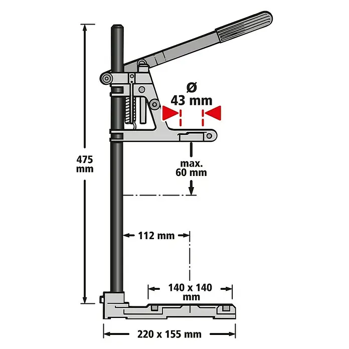 Wolfcraft Bohrmaschinenhalter - L x B x H: 160 x 230 x 500 mm, Hub: 60 mm - Abbildung einer Ständerbohrmaschine mit Bemaßung, die die Abmessungen und Durchmesser des Produkts hervorhebt.