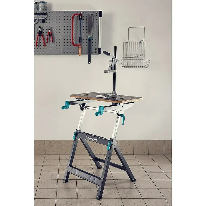 Wolfcraft Bohrmaschinenhalter - L x B x H: 160 x 230 x 500 mm, Hub: 60 mm - Werkbank von Wolfcraft mit Spannvorrichtung, ideal für Werkstattarbeiten. Praktisch und platzsparend für Heimwerkerprojekte.