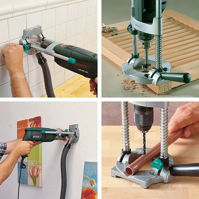 Wolfcraft Bohrständer Tec-Mobil - Schwenkbar bis ± 45° - Verschiedene Ansichten einer Bohrmaschine mit Bohrständer. Präzises Bohren in unterschiedlichen Materialien mit diesem Werkzeug.