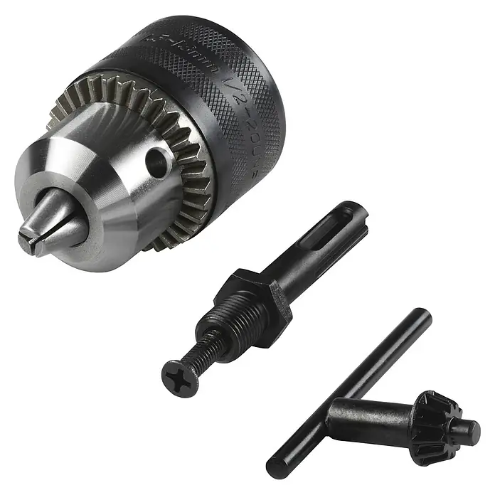 Wolfcraft Bohrfutter-Set - 3 -tlg. - Dieses Bild zeigt ein Bohrfutter mit Bohrfutterdorn und Bohrfutterschlüssel, die ein komplettes Set für Bohrmaschinen darstellen.