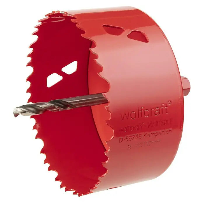 Wolfcraft Lochsäge - Arbeitsdurchmesser: 100 mm, Schnitttiefe: 40 mm - Das rote Wolfcraft Lochsäge-Set mit Zentrierbohrer für präzise Löcher in verschiedenen Materialien.