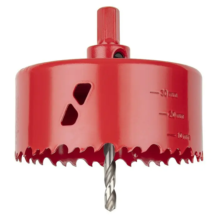 Wolfcraft Lochsäge - Arbeitsdurchmesser: 100 mm, Schnitttiefe: 40 mm - Roter Bohrkrone-Aufsatz mit Zentrierbohrer, ideal zum Bohren großer Löcher in Holz und anderen Materialien.