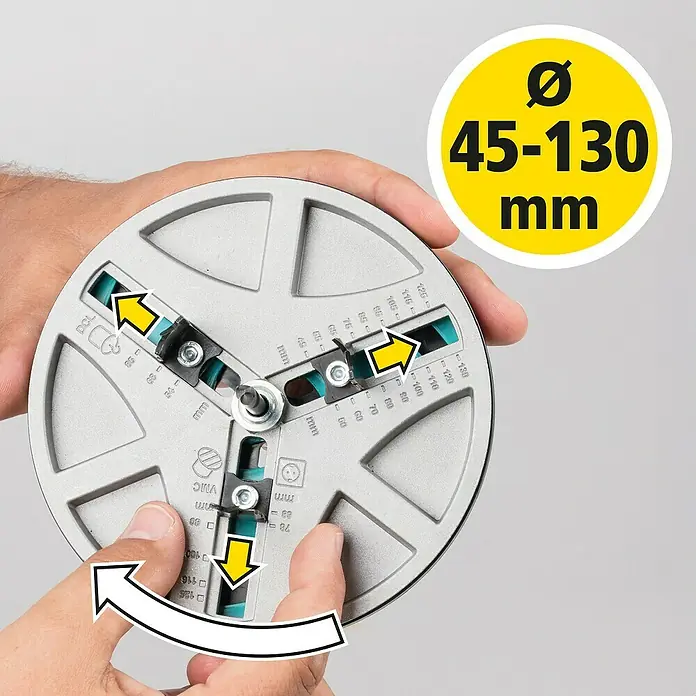 Wolfcraft Lochsäge verstellbar - Arbeitsdurchmesser: 45 mm - 130 mm, Schnitttiefe: 30 mm - Nahaufnahme einer Kreisschneider-Einstellvorrichtung, die eine präzise Anpassung von 45-130 mm für saubere, kreisförmige Schnitte ermöglicht.