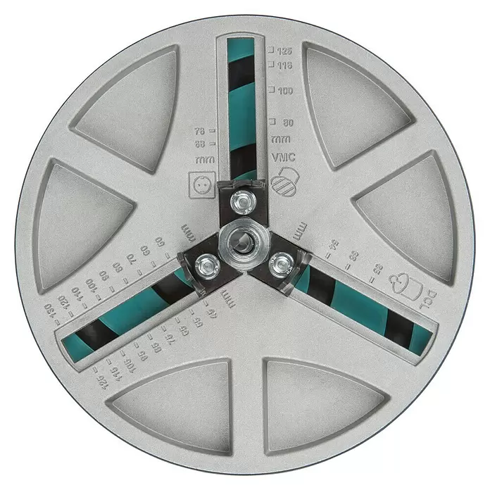 Wolfcraft Sierra de corona - Diámetro de trabajo: 45 mm - 130 mm, Profundidad de corte: 30 mm - Herramienta redonda de metal gris plateado multi-plantilla con marcas de medida para diferentes tamaños.
