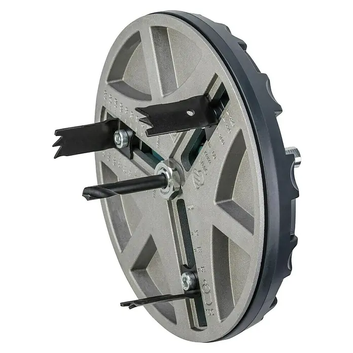 Wolfcraft Lochsäge verstellbar - Arbeitsdurchmesser: 45 mm - 130 mm, Schnitttiefe: 30 mm - Das Bild zeigt eine verstellbare Lochsäge für präzise Kreisausschnitte in verschiedenen Materialien, ideal für Handwerker und Heimwerker.