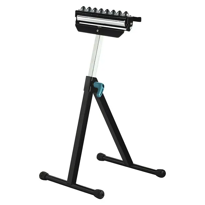 Wolfcraft Multifunktions-Auflagebock - Arbeitshöhe: 630 mm - 1.000 mm, Belastbarkeit: 50 kg - Nahaufnahme eines Wolfcraft Rollenbocks mit Kugelrollenauflage, ideal für Werkstattarbeiten und zur Unterstützung von Werkstücken.