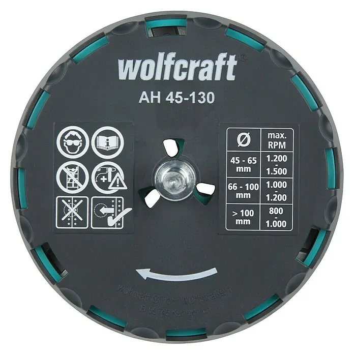 Wolfcraft Lochsäge verstellbar - Arbeitsdurchmesser: 45 mm - 130 mm, Schnitttiefe: 30 mm - Nahaufnahme einer Wolfcraft AH 45-130 Holzfrässcheibe mit Drehzahlbereich, Sicherheitsvorkehrungen und Firmeninformationen.