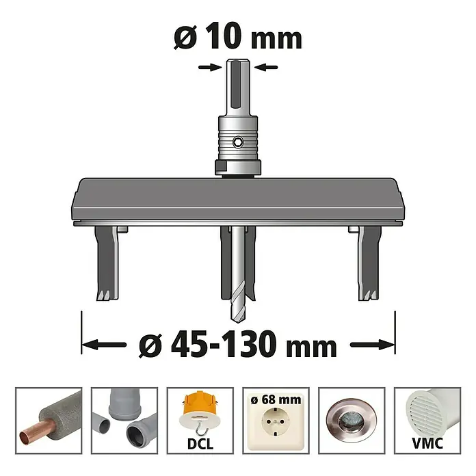 Wolfcraft Lochsäge verstellbar - Arbeitsdurchmesser: 45 mm - 130 mm, Schnitttiefe: 30 mm - Verstellbarer Lochschneider mit einem Durchmesser von 45-130 mm und einem 10-mm-Schaft für präzise und saubere Löcher in verschiedenen Materialien.