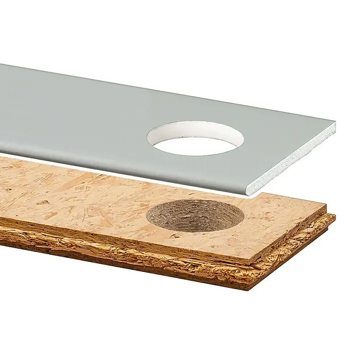 Wolfcraft Lochsäge verstellbar - Arbeitsdurchmesser: 45 mm - 130 mm, Schnitttiefe: 30 mm - Ansicht von einem Stück einer Arbeitsplatte aus OSB-Platte mit Loch und einer grauen Laminatschicht darüber mit einem Loch.