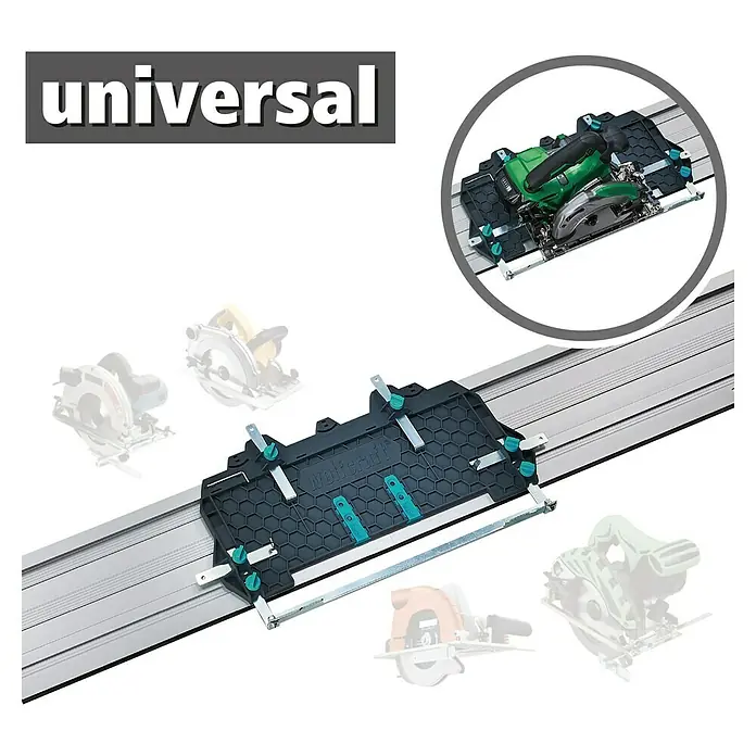 Wolfcraft Führungsschiene FKS 145 - L x B x H: 145 cm x 19 cm x 1,2 mm, Aluminium - Das Bild zeigt eine universelle Führungsschiene für Handkreissägen, die präzise und sichere Schnitte ermöglicht. Ideal für Heimwerker und Profis.