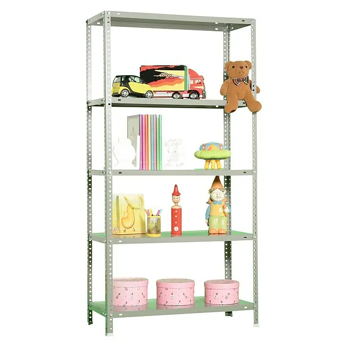 Simonrack Simonclassic Estantería metálica Advantage - Al x An x Pr: 180 x 90 x 40 cm, Capacidad de carga por balda: 75 kg, Número de baldas: 5 ud., Atornillado, Gris - Estantería con cinco estantes, llena de juguetes y decoraciones de varios colores y formas. Ideal para el almacenamiento en la habitación de los niños.