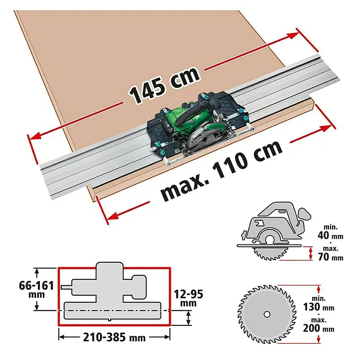 Wolfcraft Führungsschiene FKS 145 - L x B x H: 145 cm x 19 cm x 1,2 mm, Aluminium - Ein grüner Handkreissäge mit Führungsschiene auf einer Arbeitsfläche mit Maßangaben.