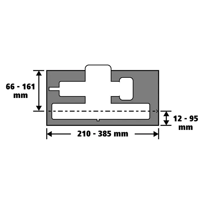 Wolfcraft Führungsschiene FKS 145 - L x B x H: 145 cm x 19 cm x 1,2 mm, Aluminium - Abbildung eines Geräts mit den Maßen 66–161 mm Höhe, 210–385 mm Breite und 12–95 mm Dicke.