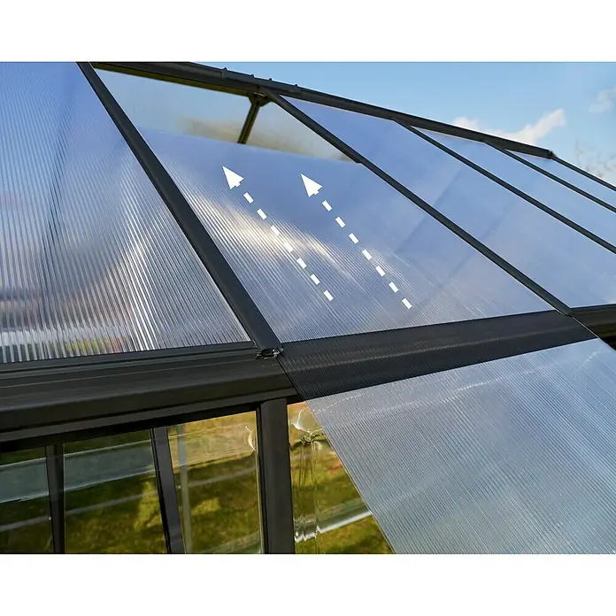 Palram – Canopia Gewächshaus Hybrid - Außenmaß inkl. Dachüberstand (B x T): 185 x 246 cm, 0,7 mm, Anthrazit - Aufnahme des Dachfensters eines Gewächshauses, das eine Belüftung ermöglicht und für ein optimales Klima sorgt.