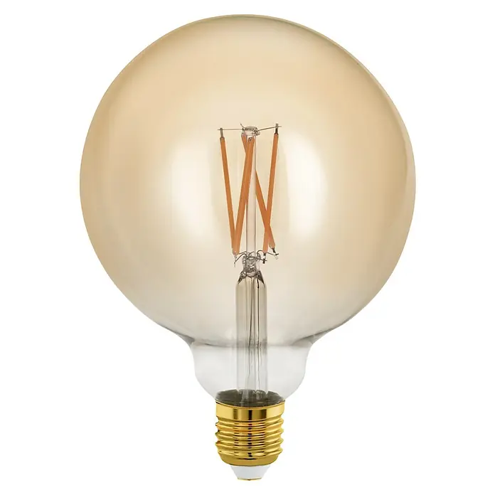 Eglo Bombilla LED Ámbar - E27, Intensidad regulable, Blanco cálido, 320 lm, 4 W - Primer plano de una bombilla LED dorada con cuerpo de vidrio transparente y filamentos decorativos.