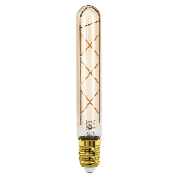 Eglo Bombilla LED Ámbar - E27, No regulable, Blanco cálido, 360 lm, 4 W - Primer plano de una bombilla Edison alargada con base dorada, que muestra un filamento decorativo en forma de X. Luz cálida y acogedora.