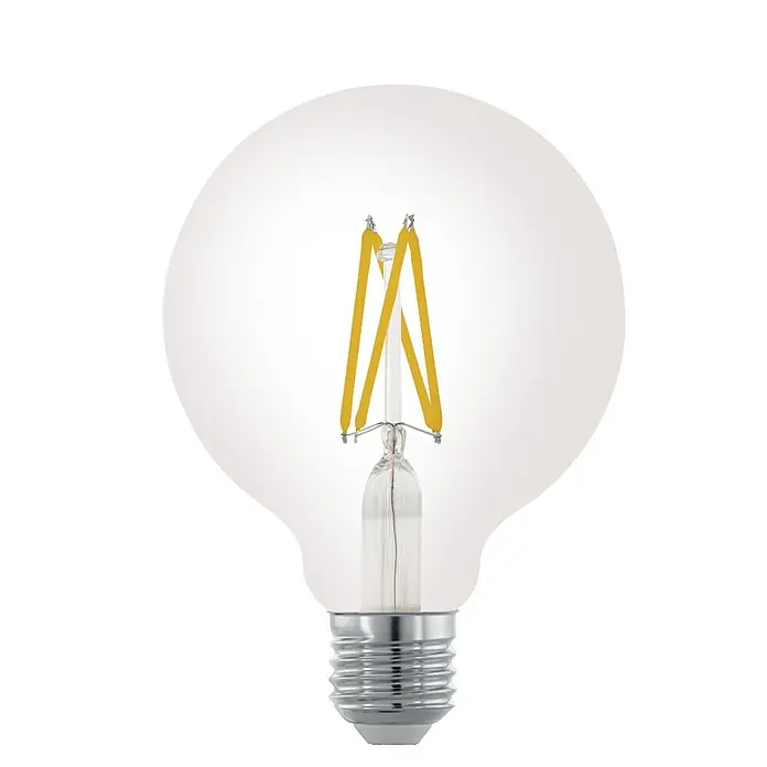 Eglo Bombilla LED Clear - E27, Intensidad regulable, Blanco cálido, 8 W, G95 - Primer plano de una bombilla LED transparente con un filamento amarillo y base plateada, sobre un fondo negro.