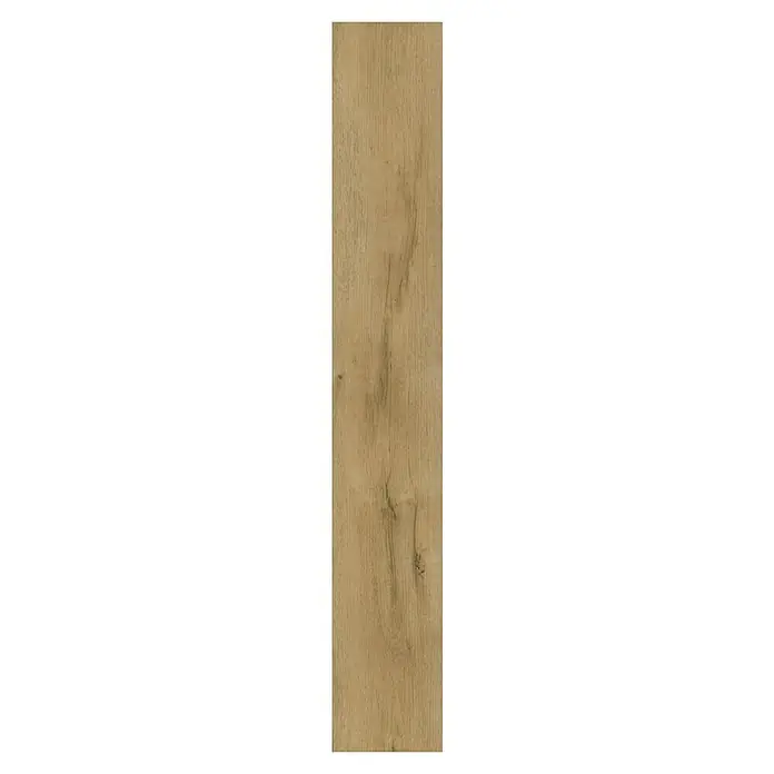 b!design Vinylbodenmuster SPC Conway Eiche - 180 x 160 x 3,8 mm, Landhausdiele - Detailaufnahme einer hellbraunen Holzdiele mit markanter Maserung und Astlöchern, ideal für rustikale Inneneinrichtung.
