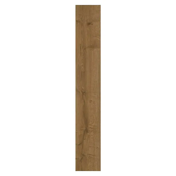 b!design Vinylbodenmuster SPC Hudson Eiche - 180 x 160 x 3,8 mm, Landhausdiele - Nahaufnahme eines einzelnen Holzfurnierstücks mit einer warmen, natürlichen Maserung für Möbel oder Fußböden.