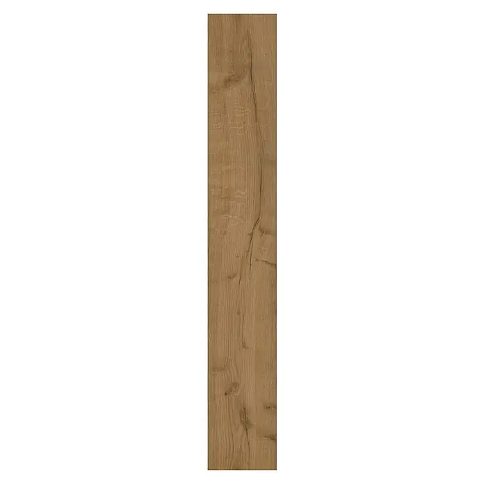 b!design Vinylboden SPC - Hudson Eiche, Landhausdiele, 1.220 x 181 x 3,8 mm - Nahaufnahme einer einzelnen Holzdiele mit ausgeprägter Maserung und natürlichen Farbtönen, ideal für rustikale Innenräume.