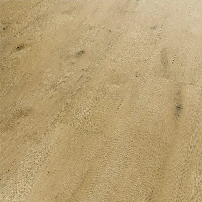 b!design Vinylboden SPC - Conway Eiche, Landhausdiele, 1.220 x 181 x 3,5 mm - Nahaufnahme des Holzfußbodens, der eine warme, natürliche Ausstrahlung mit seiner Maserung und Farbgebung vermittelt.\n