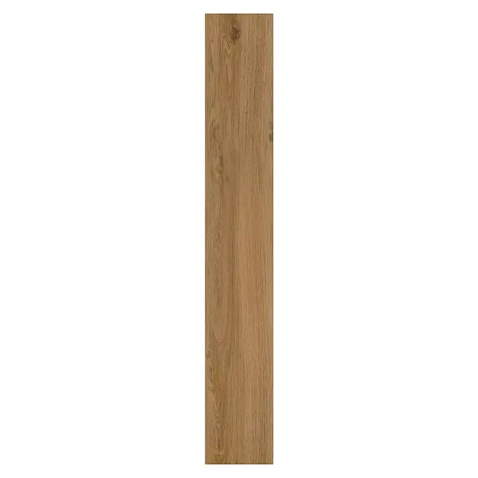 b!design Vinylboden SPC - Kansas Eiche, Landhausdiele, 1.220 x 181 x 3,8 mm - Nahaufnahme einer einzelnen, hellbraunen und länglichen Holzdiele mit einer gut sichtbaren Holzmaserung.
