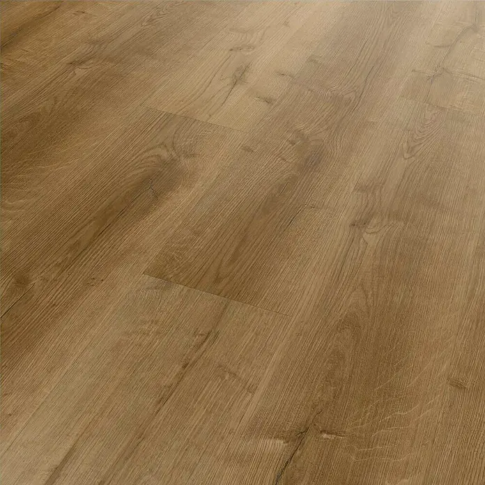 b!design Vinylboden SPC - Hudson Eiche, Landhausdiele, 1.220 x 181 x 3,8 mm - Nahaufnahme eines Laminatbodens mit warmen Holztönen und Maserung, ideal für moderne Wohnräume.