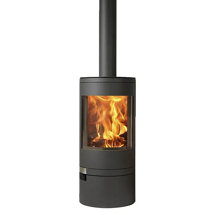 Panadero Kaminofen AKITA - 7,4 kW, Raumheizvermögen: 220 m³, Material Verkleidung: Stahl, Schwarz Metallic - Stilvoller Kaminofen mit lebendigem Feuer hinter Glas, ideal für gemütliche Wärme und eine behagliche Atmosphäre in jedem Raum.