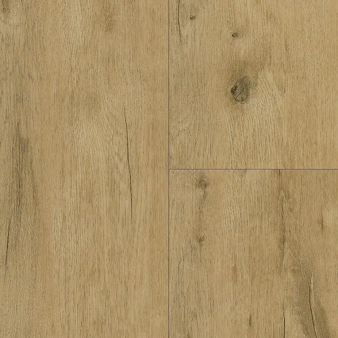 b!design Vinylboden SPC - Conway Eiche, Landhausdiele, 1.220 x 181 x 3,5 mm - Detailaufnahme von vier hellbraunen Bodenfliesen mit Holzmaserung und Astlöchern. Perfekt für ein natürliches und warmes Ambiente.
