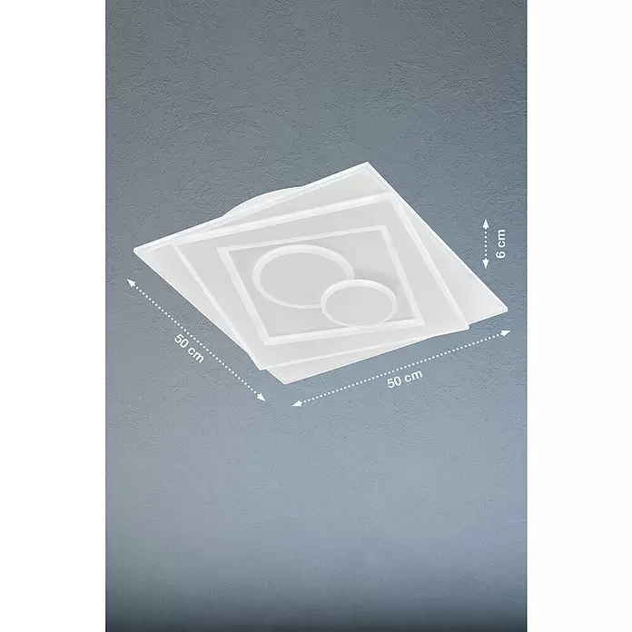 Fischer & Honsel LED-Deckenleuchte Ratio - 48 W, L x B x H: 50 x 50 x 6,4 cm, Weiß, Mehrfarbig - Moderne weiße quadratische Deckenleuchte, geschichtetes Design mit inneren Quadraten und Kreisen. 50x50 cm, 6 cm hoch.