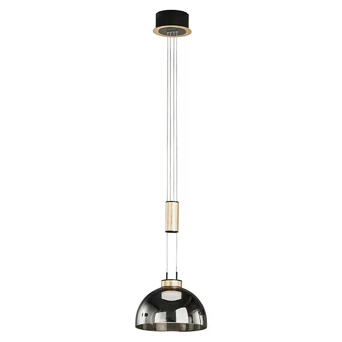 Fischer & Honsel LED-Pendelleuchte Avignon - 9 W, Rauchglas/Gold, Sandschwarz, Anzahl Leuchtmittel: 1 Stk. - Pendelleuchte mit schwarzer Deckenhalterung, Goldakzenten und reflektierendem Kuppelschirm, an drei Kabeln hängend.